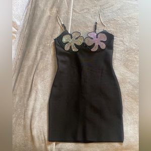 Black/Rhinestone bandage body con mini dress